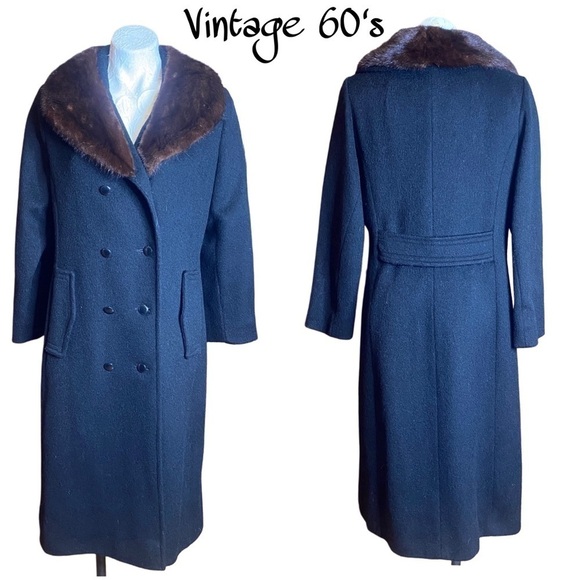 1960s Vintage Windsor Black Wool Trench Coat w Brown Mink Fur Collar women’s S/M